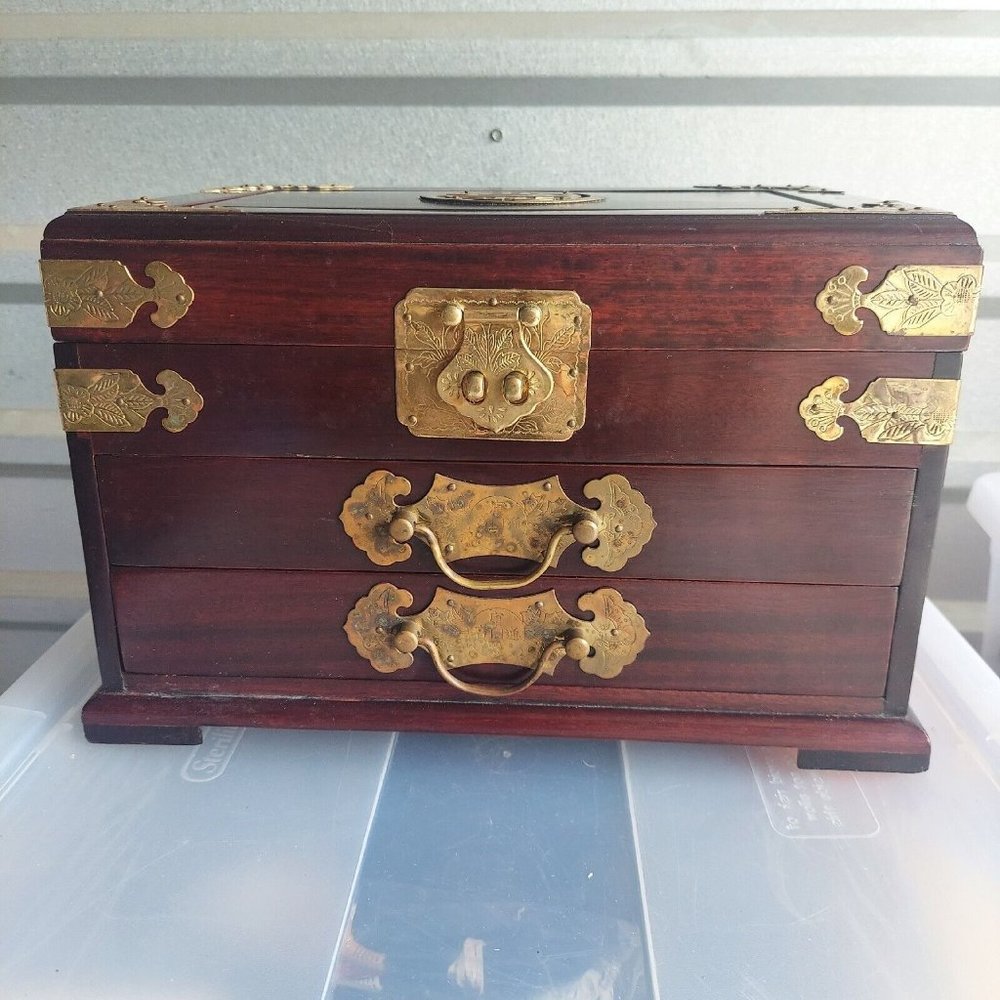 20th Century Asian Wood and Iron Mounted Hardwood Jewelry Box Casket Case - READ